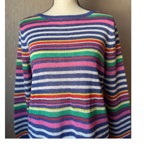 TALBOTS 100% Linen Sweater Medium Oversized Rainbow Striped Linen 3/4 Sleeve - Picture 3 of 10